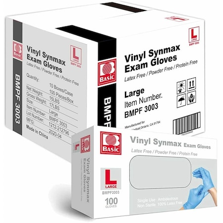 Zoro Select Disposable Gloves, Vinyl/Nitrile Blend, Powder-Free, Latex-Free, 4 mil, Blue, L, 100/box, 10PK SYNMAXLC